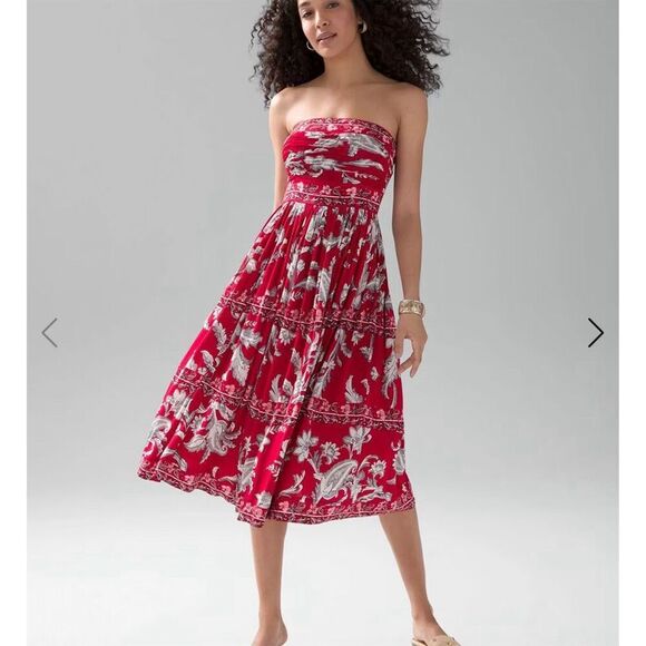- White House Black Market Strapless Fit & Flare Dress Red Paisley Size 4 - Picture 3 of 15